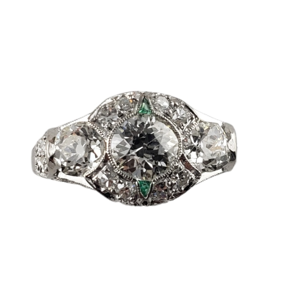 Vintage Platinum Diamond and Emerald Engagement Ring Size 7 JAGi Cert #16967